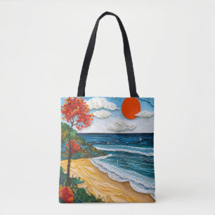 Tote Bag Art de papier en couches de plage avec un arbre