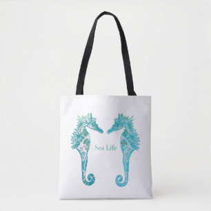 Tote Bag Art de vie marine d'hippocampes de bleu marine