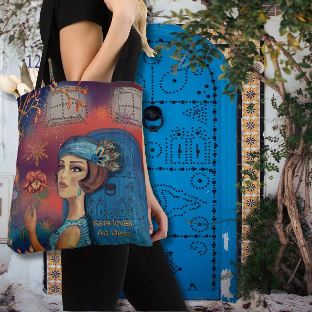 Tote Bag Art Déco Femme Orange Bleu (Art Deco Woman Orange Blue Tote Bag)