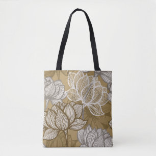 Tote Bag Art deco flower pattern. Flower gold line art. flo