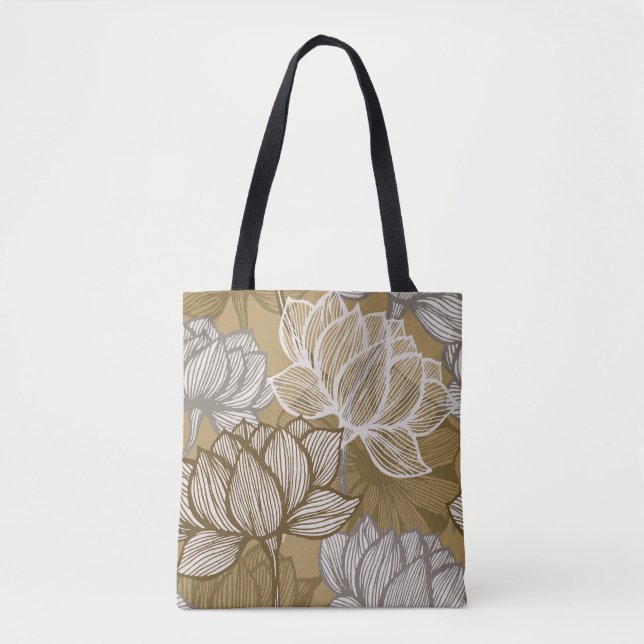 Tote Bag Art deco flower pattern. Flower gold line art. flo (Devant)