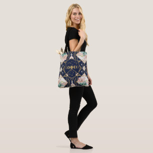 Tote Bag Art Déco Phases Lunaires Célestes Floral Pailleté