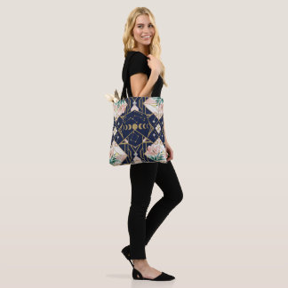 Tote Bag Art Déco Phases Lunaires Célestes Floral Pailleté 