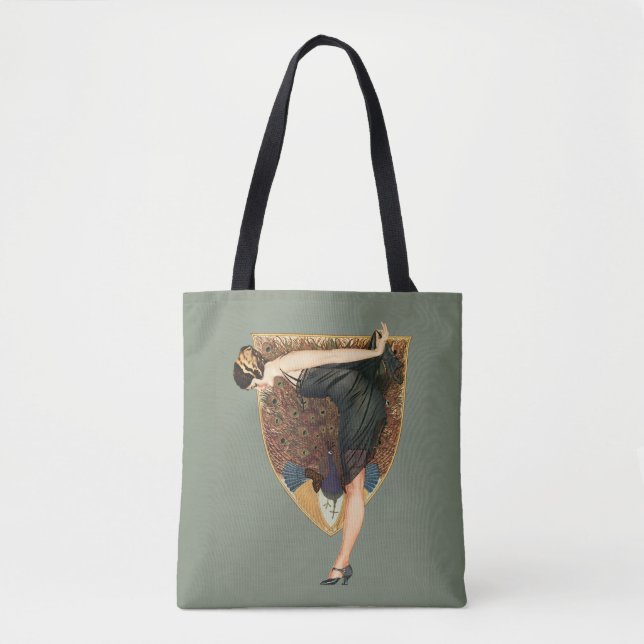 Tote Bag Art Déco vintage Flapper au paon  (Devant)