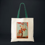 Tote Bag Art Déco vintage, Oiseau de Flighty par George Bar<br><div class="desc">Illustration vintage image art déco représentant une belle femme de la mode vêtue d'une robe fleurie avec son oiseau de compagnie avec de longues plumes de queue dans un arbre. Une cage vide dont l'oiseau s'est échappé se trouve sur le sol à côté de la femme glamour. Flighty Bird (L'Oiseau...</div>