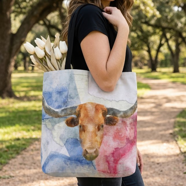 Tote Bag Art d'impression à l'aquarelle représentant une va (Texas Longhorn Cow and Flag Watercolor Print Art. Tote Bag)