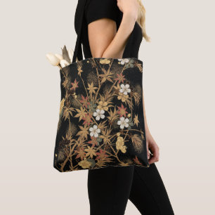 Tote Bag Art floral automnal noir doré vintage japonais