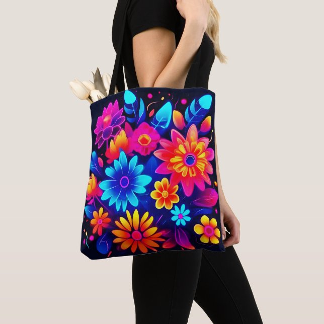 Tote Bag Art floral néon vibrant (De près)