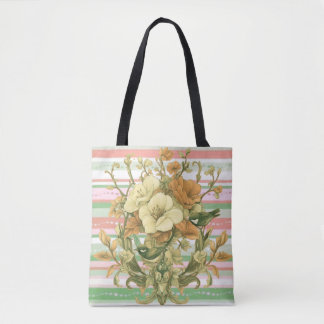 Tote Bag Art floral vintage avec rayures roses