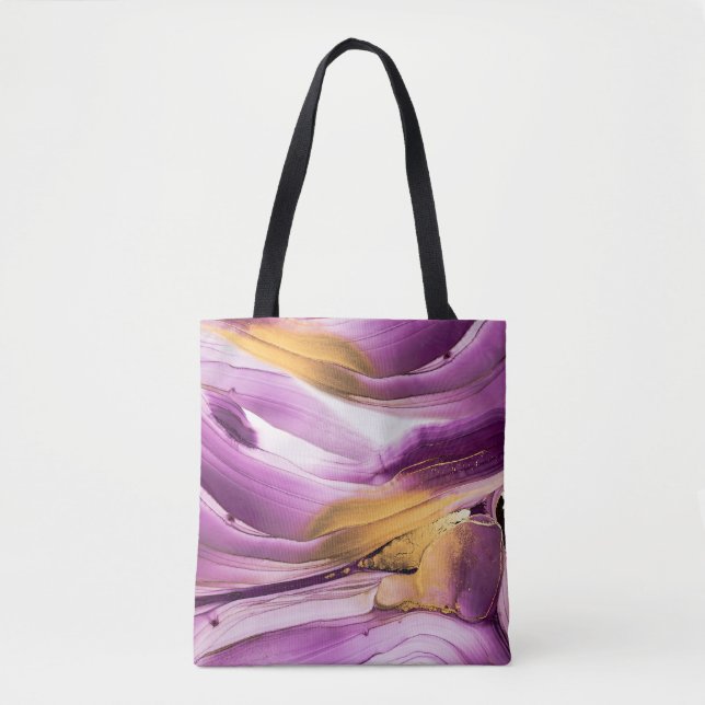 Tote Bag Art fluide, texture dorée lilas marbrée. (Devant)
