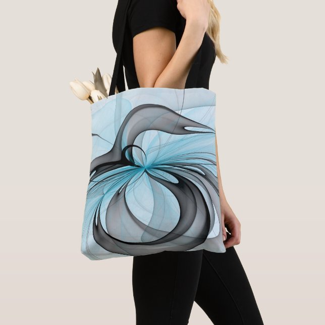 Tote Bag Art fractal moderne gris anthracite abstrait bleu (De près)