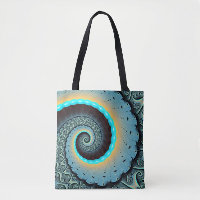 Tote Bag Art fractal spirale abstrait bleu turquoise orange (Devant)