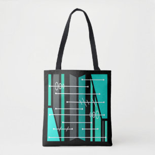 Tote Bag Art géométrique atomique Abstrait Turquoise noir