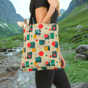 Tote Bag Art géométrique rouge et vert avec cercles et carr