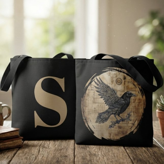 Tote Bag Art gothique steampunk corbeau (Steampunk raven tote bag for book lovers on daily library trips.)