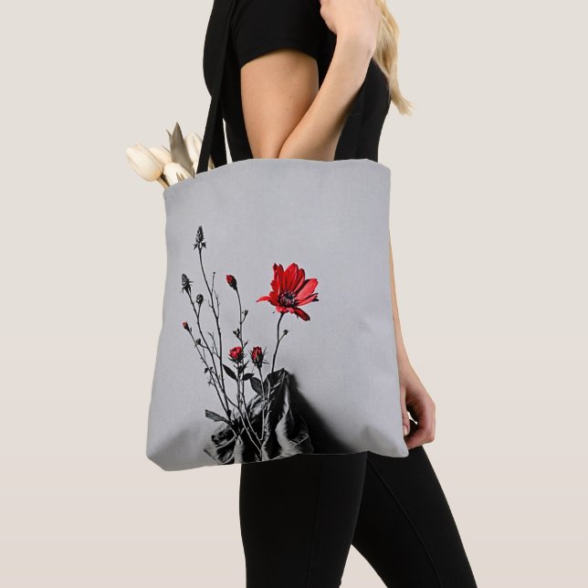 Tote Bag Art gris Fleur Rouge (De près)