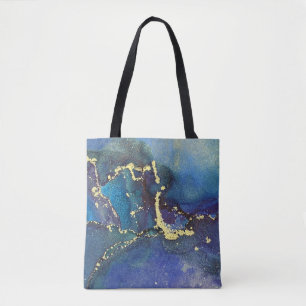 Tote Bag Art Liquide Abstrait Violet Bleu Sarcelle et Or
