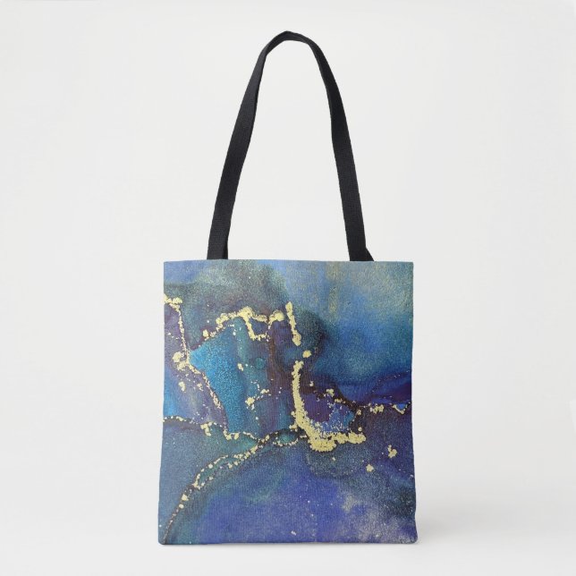 Tote Bag Art Liquide Abstrait Violet Bleu Sarcelle et Or (Devant)