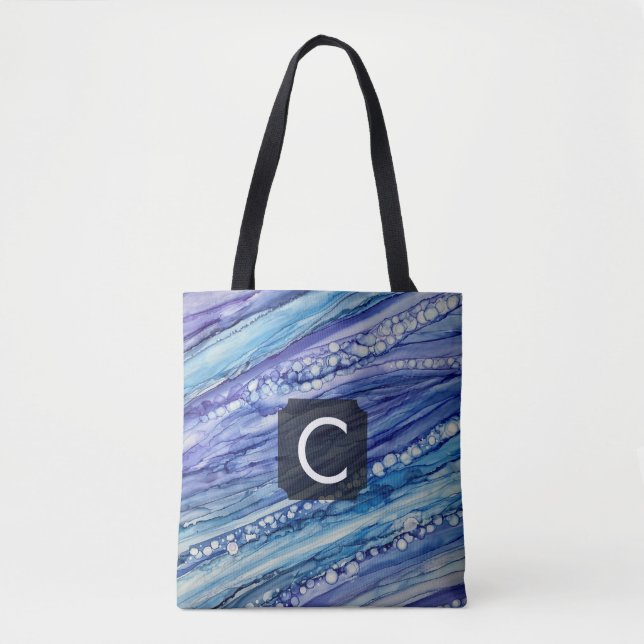 Tote Bag Art Liquide Abstrait Violet, Sarcelle et Bleu (Devant)