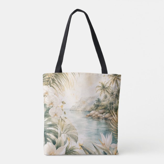 Tote Bag Art mural aquarelle tropical luxueux côtier | (Dos)
