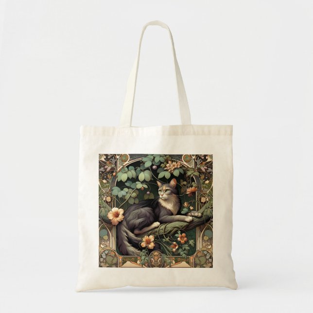 Tote Bag Art Nouveau Floral Chat Élégance (Devant)
