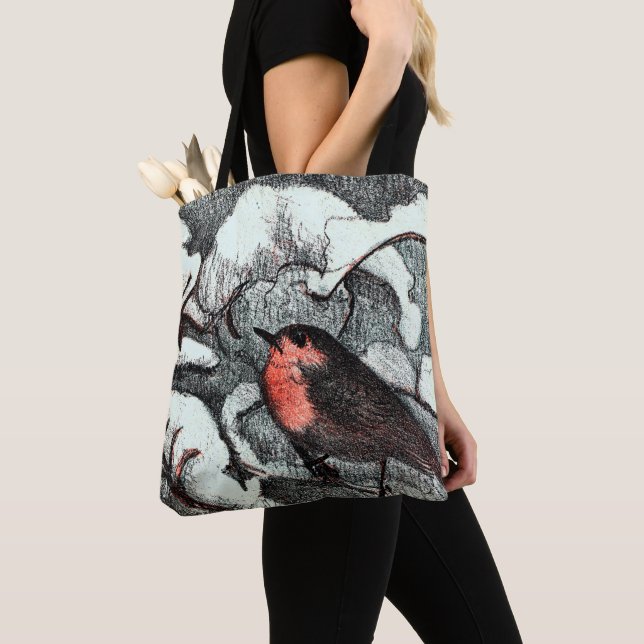 Tote Bag Art nouveau néerlandais Robin Bird en hiver (De près)