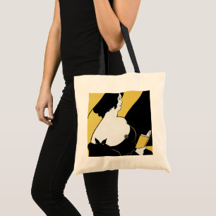 Tote Bag Art Nouveau vintage, femme lisant un livre jaune