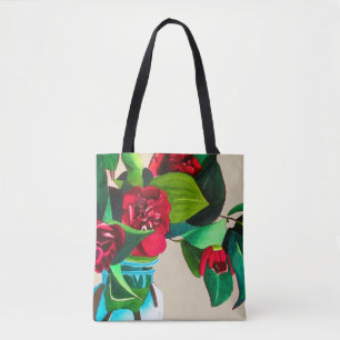 Tote Bag Art original rouge camélia fleurs aquarelle