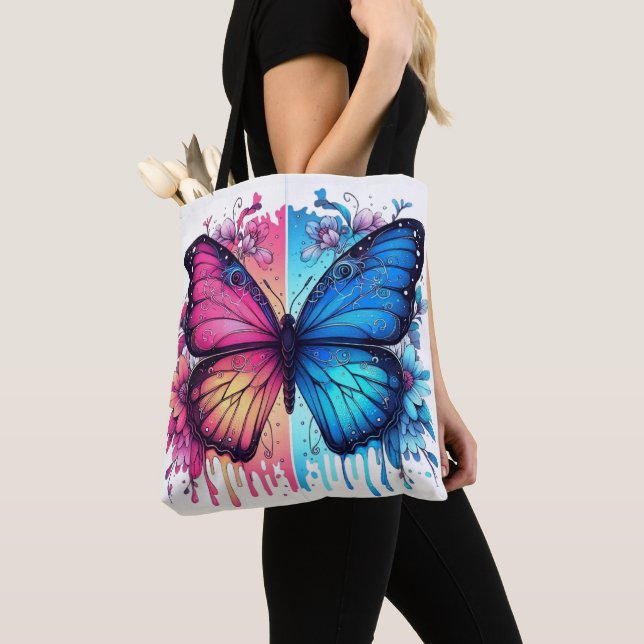 Tote Bag Art Papillon Vibrant : Ailes Gradientes, Florales (De près)