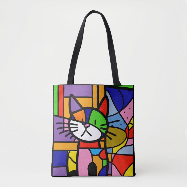 Tote Bag Art Pop Design de chat Vibrant et Coulourd (Devant)