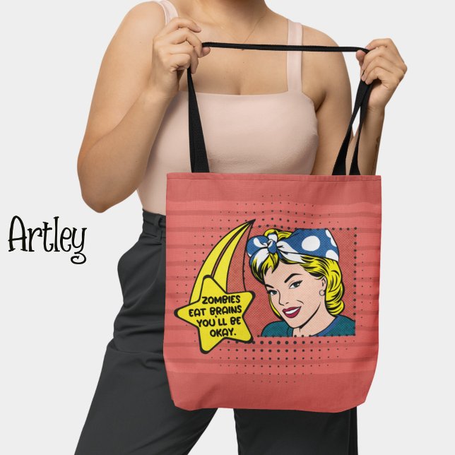Tote Bag Art Pop Rétro Cerveaux Zombie Phrase rose Jaune (Créateur téléchargé)
