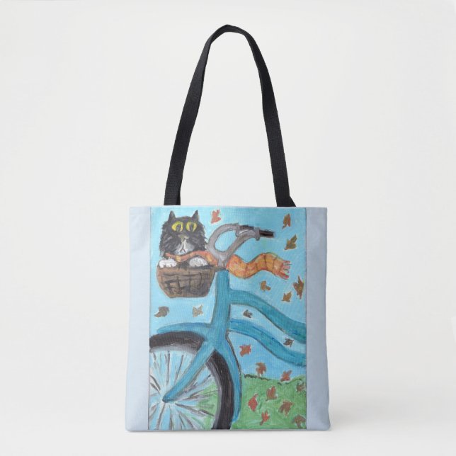Tote Bag Art populaire Bicycle Chat unique peinture amusant (Devant)