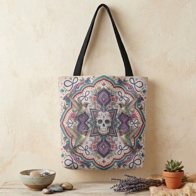 Tote Bag Art populaire Boho Crâne de Sucre  (Créateur téléchargé)