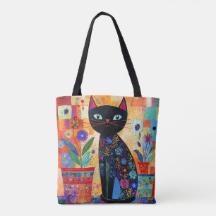 Tote Bag Art populaire de chat noir (plantes en pot)