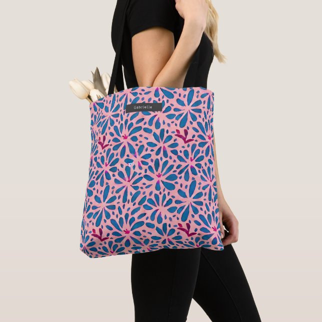 Tote Bag Art populaire inspiré rose et bleu floral (De près)