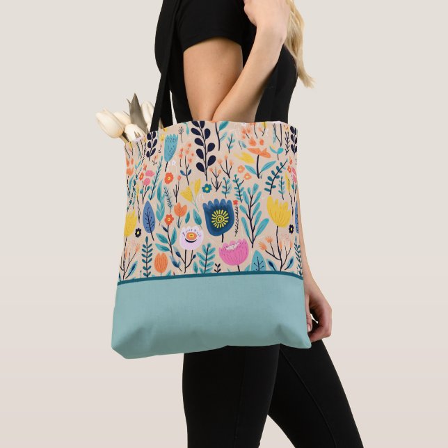 Tote Bag Art populaire moderne floral simple, bloc de coule (De près)