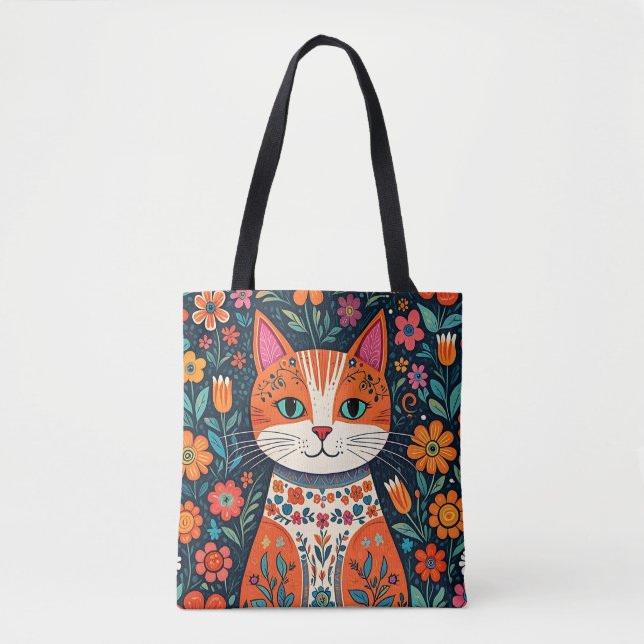Tote Bag Art populaire Whimsical Chat et Fleurs (Devant)