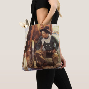Tote Bag Art vintage, Cowboy Waters Son Cheval par NC Wyeth