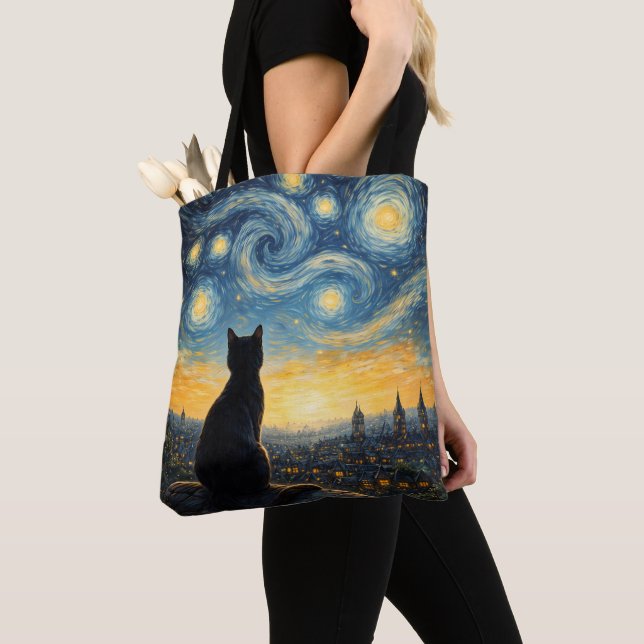Tote Bag Artistic Black Cat & Celestial Town Reusable  (De près)