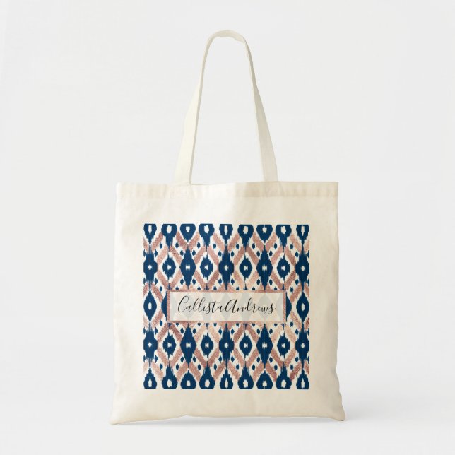 Tote Bag Artsy moderne Rose or Marine bleu Ikat Geo (Devant)