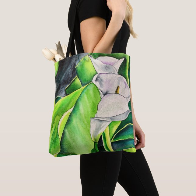 Tote Bag Arum blanc Lily aquarelle tropicale florale (De près)