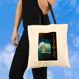Tote Bag Asie Vintage voyage, Taïwan Pagoda Tour Tirée
