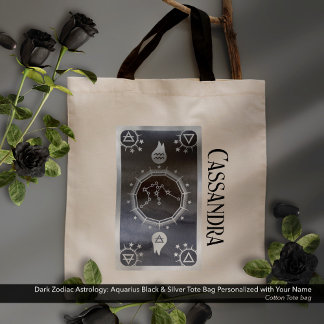 Tote Bag Astrologie Zodiaque foncée : Aquarius Black Silver