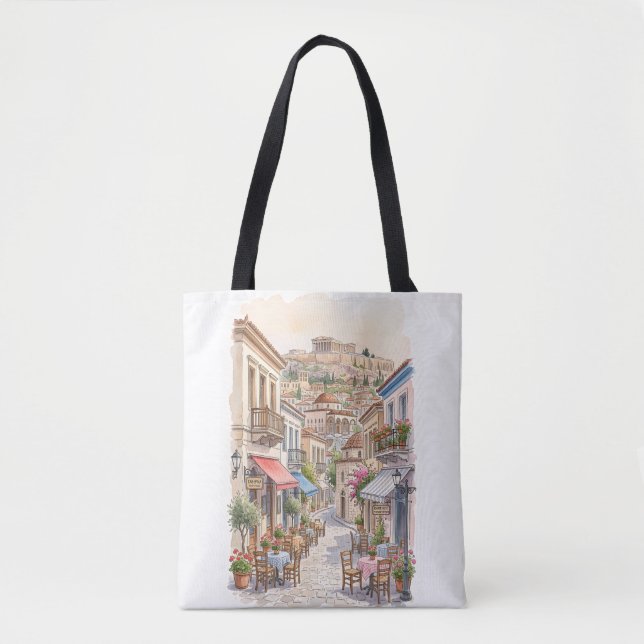 Tote Bag Athènes charmant Grèce Rue Aquarelle (Devant)