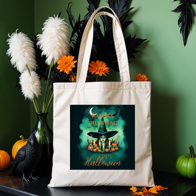 Tote Bag Attractive & Mystical Halloween Witch Conjures Enc (Attractive & Mystical Halloween Witch Conjures Enchanting Spells Amid Glowing Candles Tote Bags.)