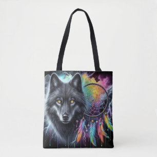 Tote Bag Attrape-rêve Loup Noir Tempête Cosmique