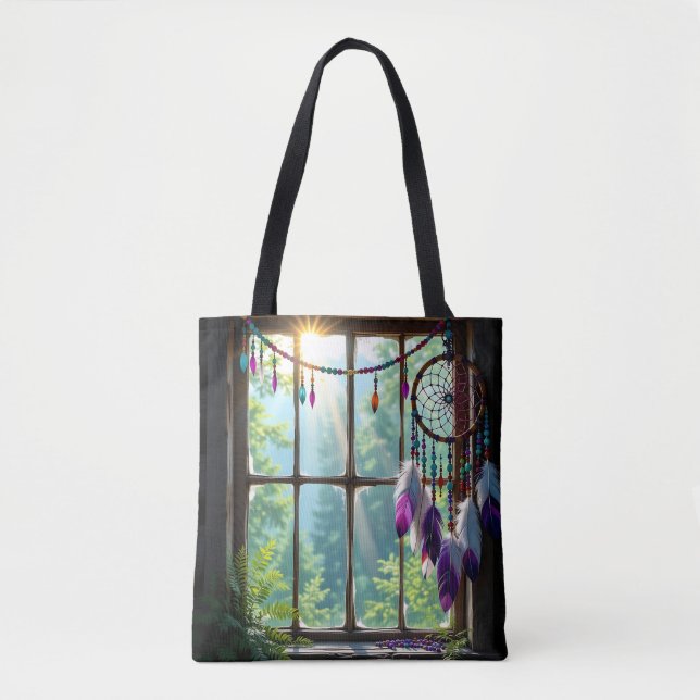 Tote Bag Attrape-rêve violet Boho dans la fenêtre (Devant)