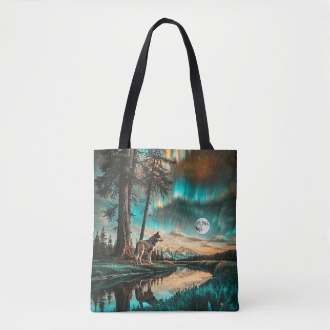 Tote Bag Aurora Borealis 2 Wolf Design (Devant)