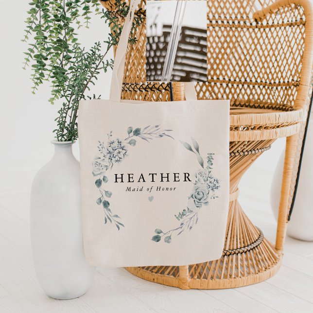 Tote Bag AUSHA Elégante Dusty Blue Floral Bridesmaid Mariag (Créateur téléchargé)