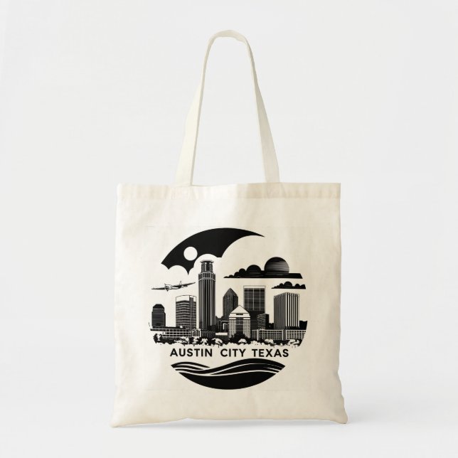Tote Bag Austin City Texas Skyline Retro Black & White Art (Devant)